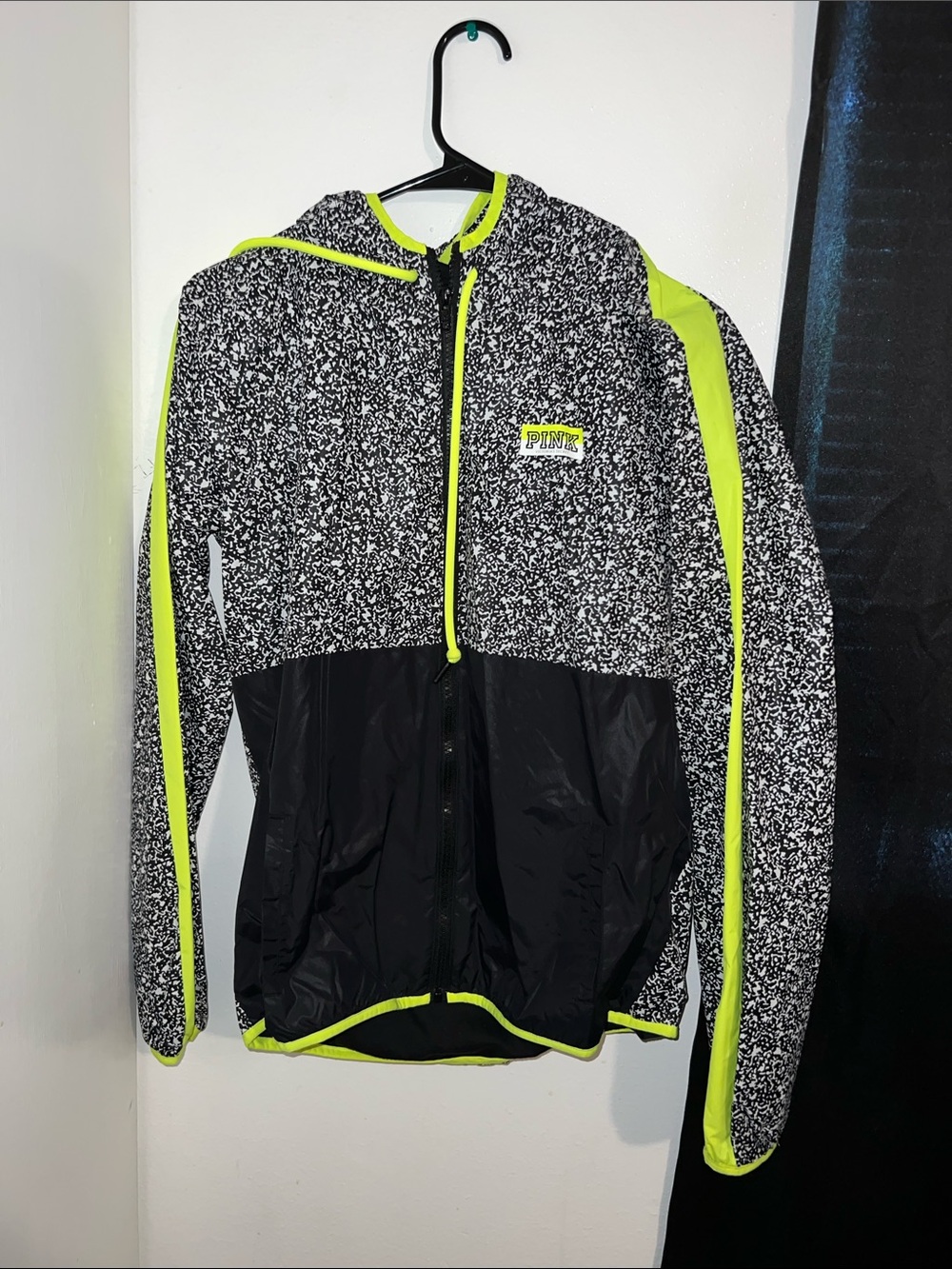 PINK Victoria's Secret Black & Neon Yellow Speckled Windbreaker Jacket